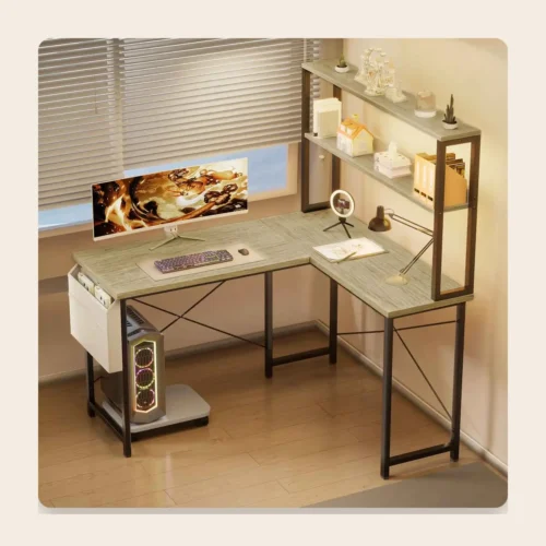 Bureau d’angle en L avec éclairage LED et prises USB Bureau d’angle en L avec éclairage LED et prises USB