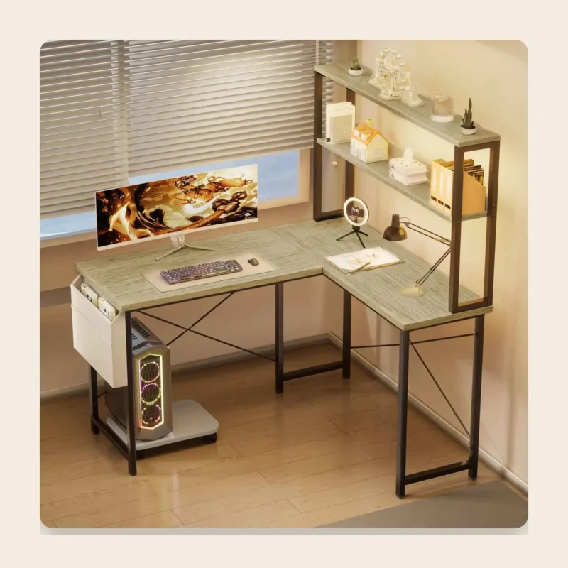 Bureau d’angle en L avec éclairage LED et prises USB Bureau d’angle en L avec éclairage LED et prises USB