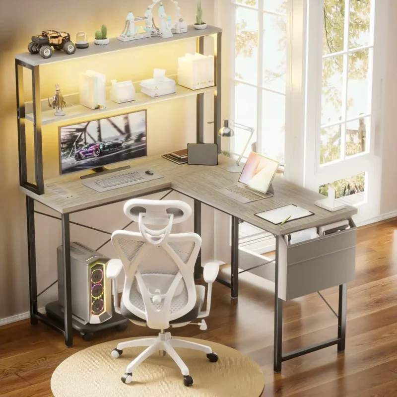 Bureau d’angle en L avec éclairage LED et prises USB – vue 3 Bureau d’angle en L avec éclairage LED et prises USB – vue 3