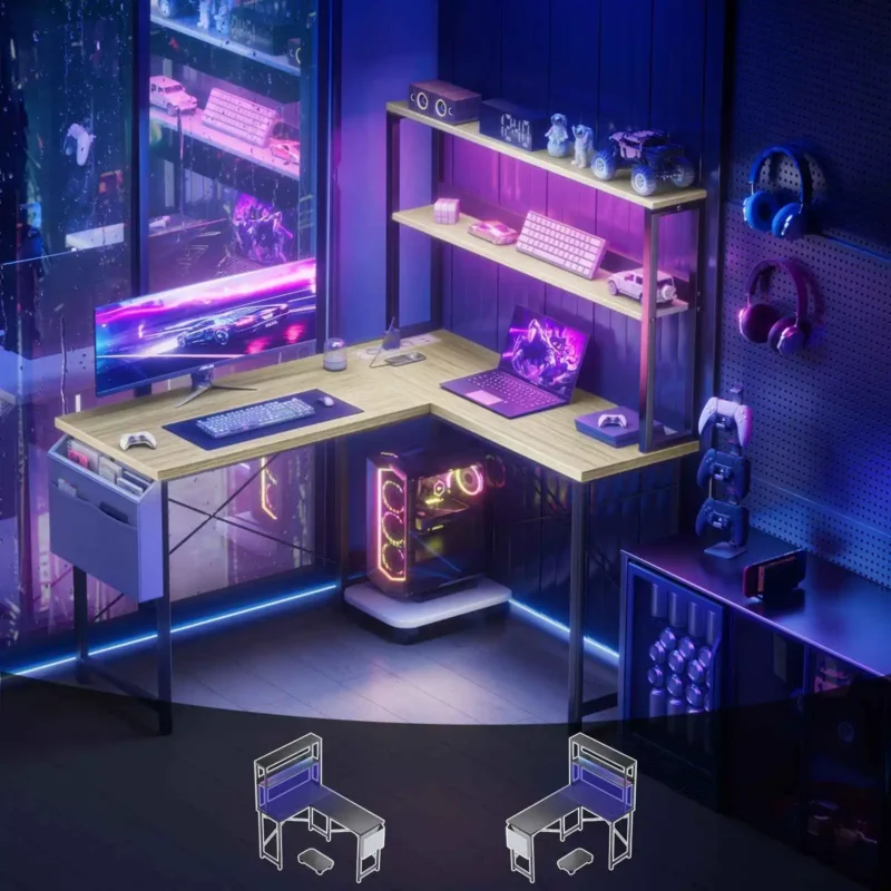 Bureau d’angle en L avec éclairage LED et prises USB – vue 7 Bureau d’angle en L avec éclairage LED et prises USB – vue 7