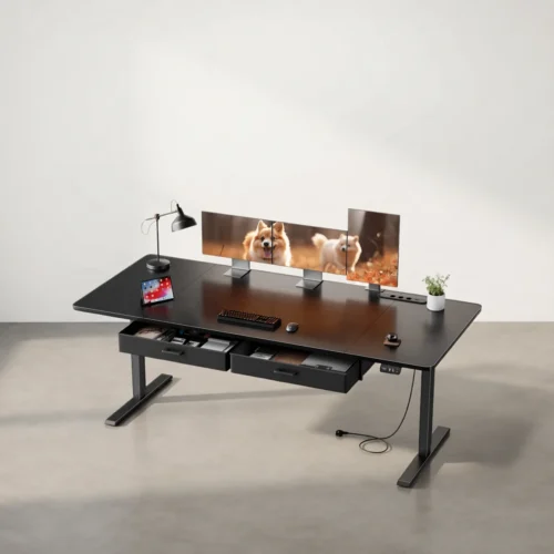 Bureau assis-debout électrique avec prises, USB et tiroirs