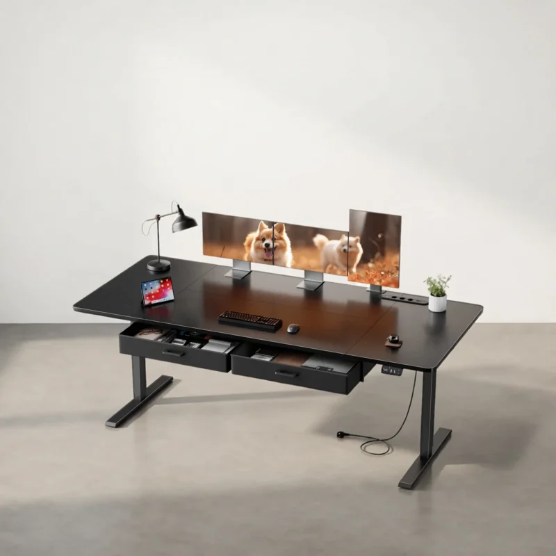 Bureau assis-debout électrique avec prises, USB et tiroirs Bureau assis-debout électrique avec prises, USB et tiroirs