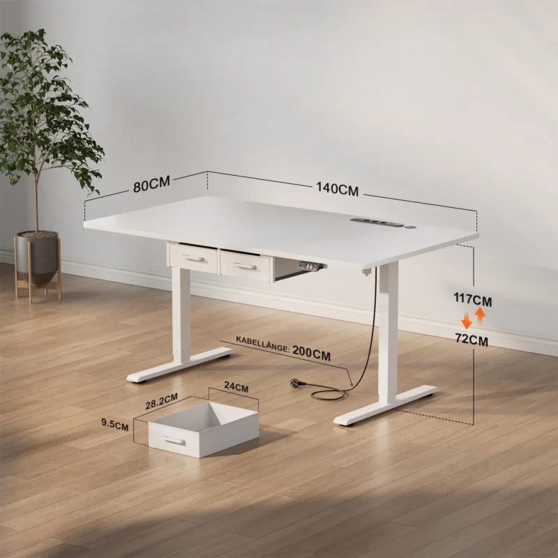 Bureau assis-debout électrique avec prises, USB et tiroirs Bureau assis-debout électrique avec prises, USB et tiroirs