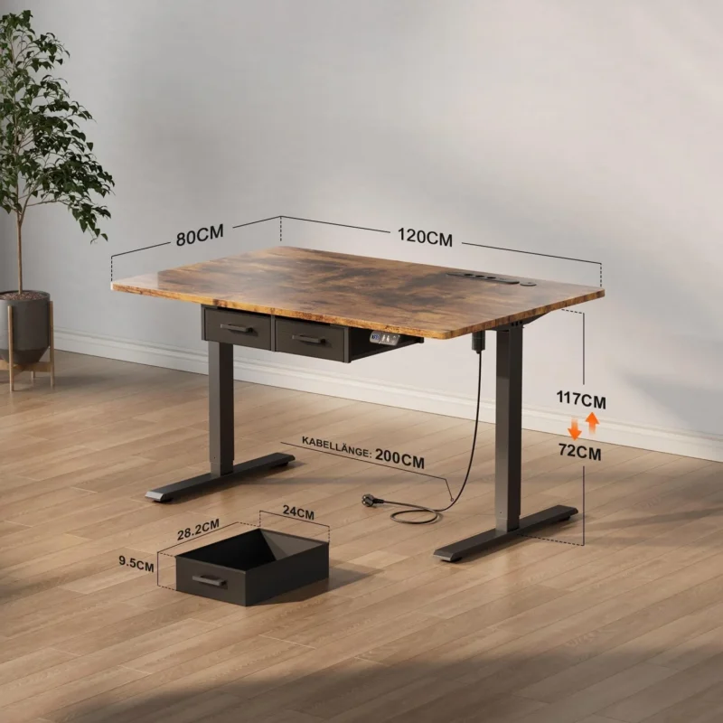 Bureau assis-debout électrique avec prises, USB et tiroirs Bureau assis-debout électrique avec prises, USB et tiroirs