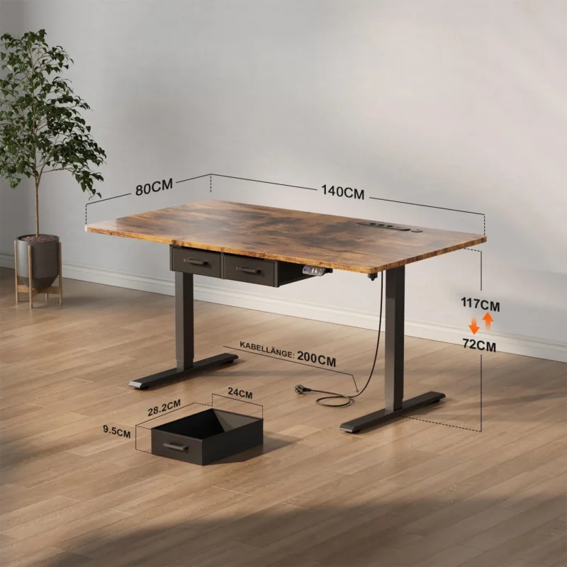 Bureau assis-debout électrique avec prises, USB et tiroirs Bureau assis-debout électrique avec prises, USB et tiroirs