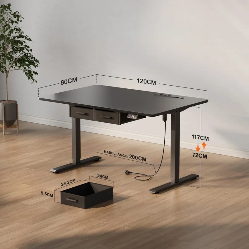 Bureau assis-debout électrique avec prises, USB et tiroirs Bureau assis-debout électrique avec prises, USB et tiroirs