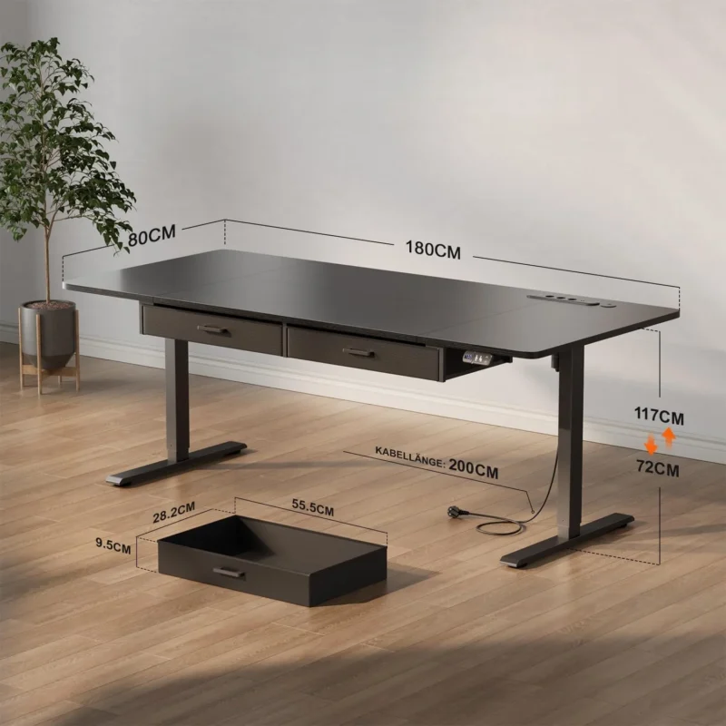 Bureau assis-debout électrique avec prises, USB et tiroirs Bureau assis-debout électrique avec prises, USB et tiroirs