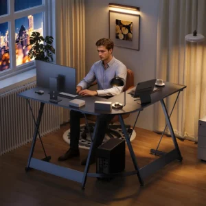 Bureau gaming d’angle en L 120 × 120 cm, aspect carbone – vue 2 Bureau gaming d’angle en L 120 × 120 cm, aspect carbone – vue 2