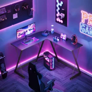 Bureau gaming d’angle en L 120 × 120 cm, aspect carbone – vue 3 Bureau gaming d’angle en L 120 × 120 cm, aspect carbone – vue 3