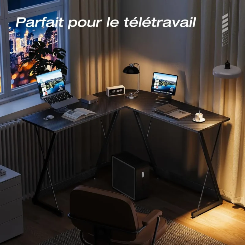 Bureau gaming d’angle en L 120 × 120 cm, aspect carbone – vue 6 Bureau gaming d’angle en L 120 × 120 cm, aspect carbone – vue 6