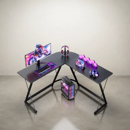 Bureau gaming d’angle en L 120 × 120 cm, aspect carbone Bureau gaming d’angle en L 120 × 120 cm, aspect carbone
