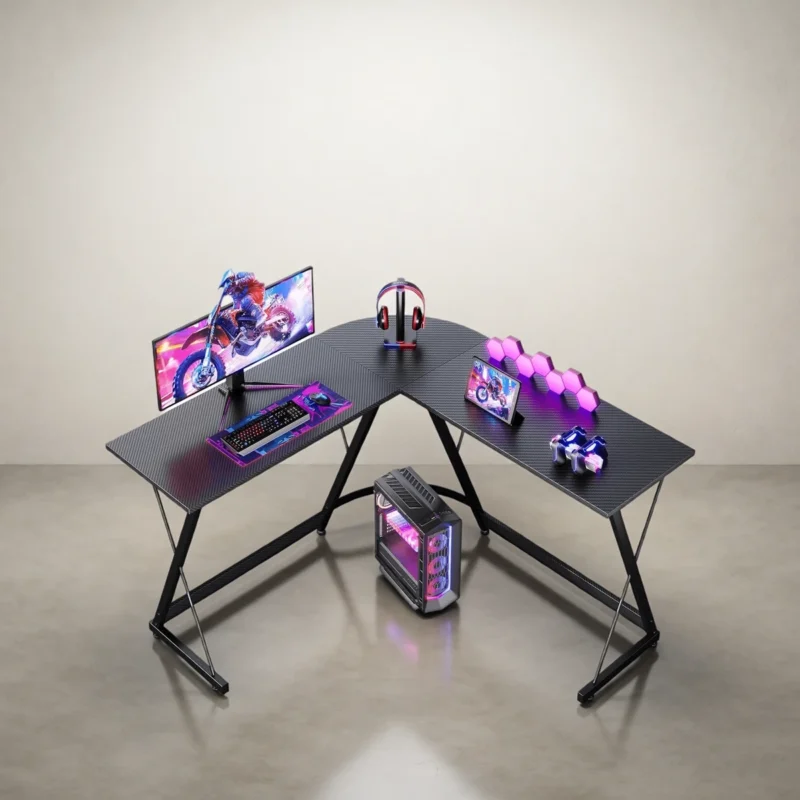 Bureau gaming d’angle en L 120 × 120 cm, aspect carbone Bureau gaming d’angle en L 120 × 120 cm, aspect carbone