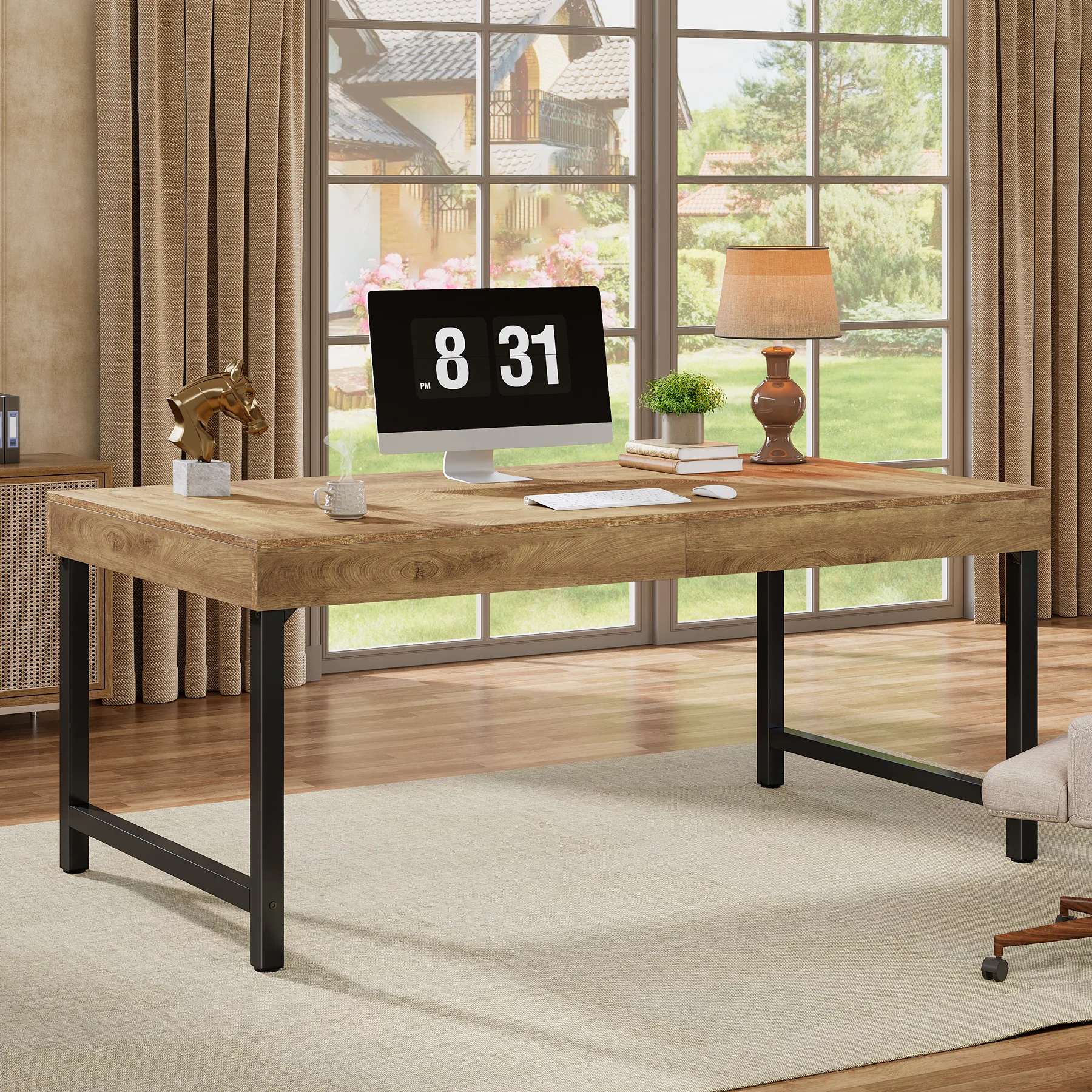 Bureau industriel 140 cm, plateau effet bois et pieds métal