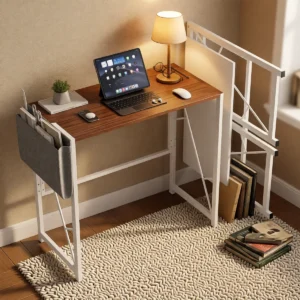 Bureau pliable 80 cm avec crochet et poche de rangement – Blanc Bureau pliable 80 cm avec crochet et poche de rangement – Blanc