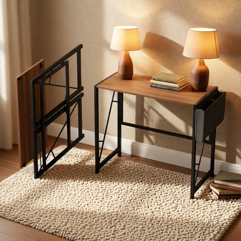 Bureau pliable 80 cm avec crochet et poche de rangement – Marron Bureau pliable 80 cm avec crochet et poche de rangement – Marron