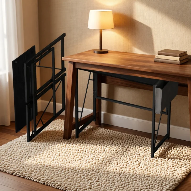 Bureau pliable 80 cm avec crochet et poche de rangement – Noir Bureau pliable 80 cm avec crochet et poche de rangement – Noir