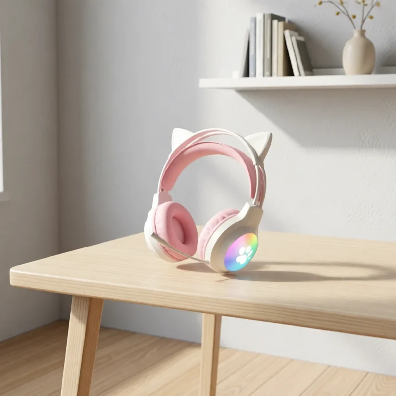 Casque gaming oreilles de chat, éclairage RGB – vue 2