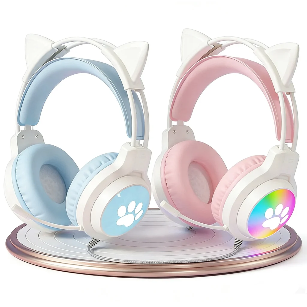 Casque à oreilles de chat posé sur son support