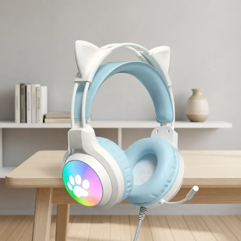 Casque gaming oreilles de chat, éclairage RGB – Bleu
