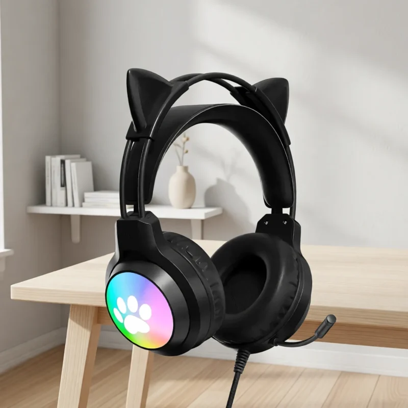 Casque gaming oreilles de chat, éclairage RGB – Noir
