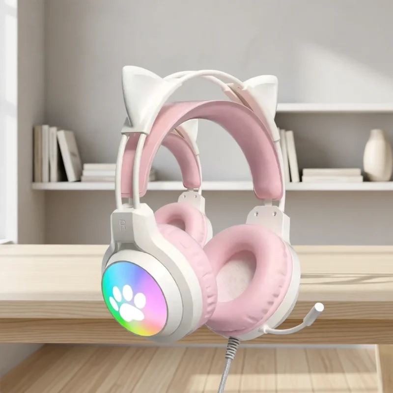Casque gaming oreilles de chat, éclairage RGB – Rose