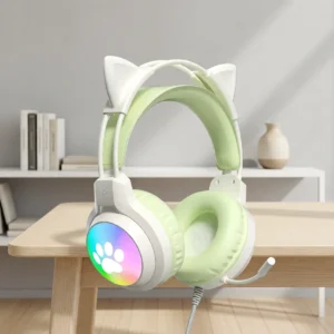 Casque gaming oreilles de chat, éclairage RGB – Vert