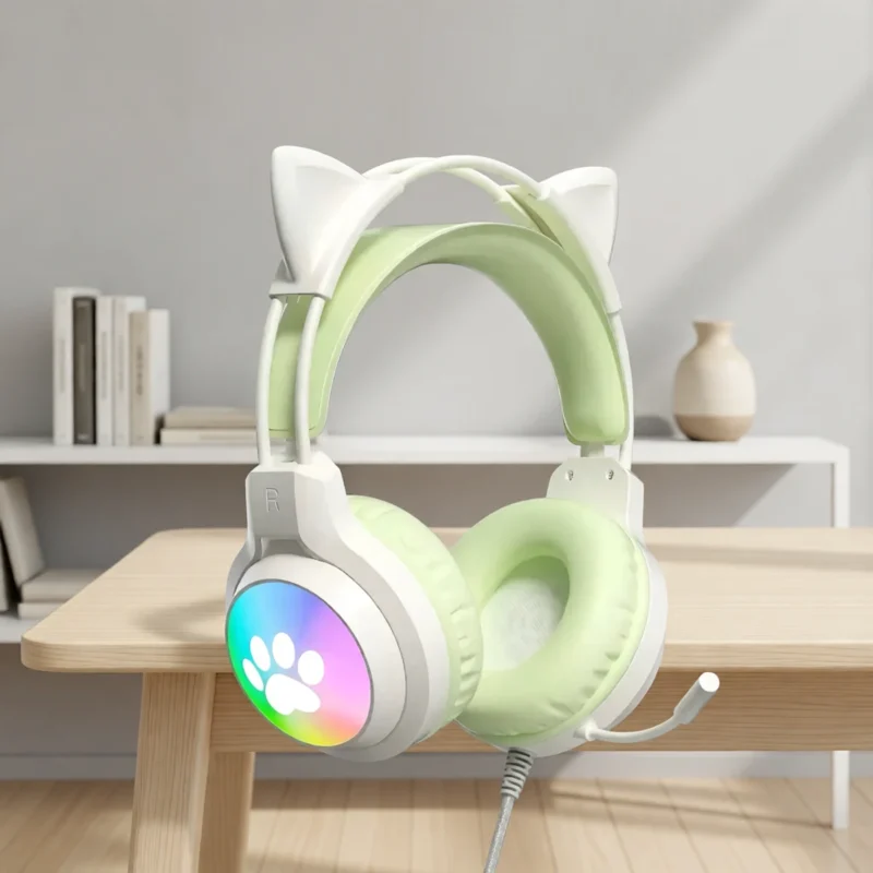 Casque gaming oreilles de chat, éclairage RGB – Vert