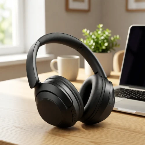Casque sans fil Bluetooth 15 h, grands coussinets sur un bureau