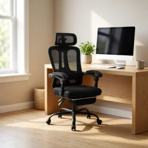 Chaise de bureau ergonomique en résille avec repose-pieds sur un bureau