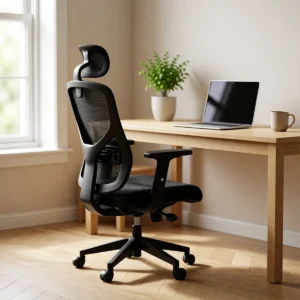 Chaise de bureau ergonomique en résille avec appui-tête en situation Chaise de bureau ergonomique en résille avec appui-tête sur un bureau