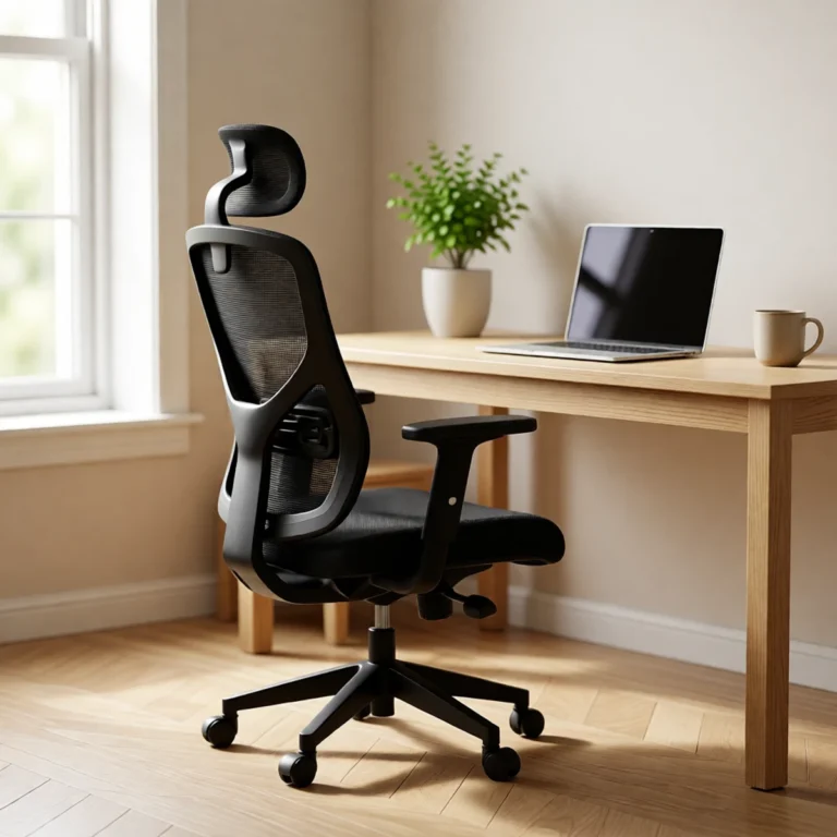 Chaise de bureau ergonomique en résille avec appui-tête sur un bureau