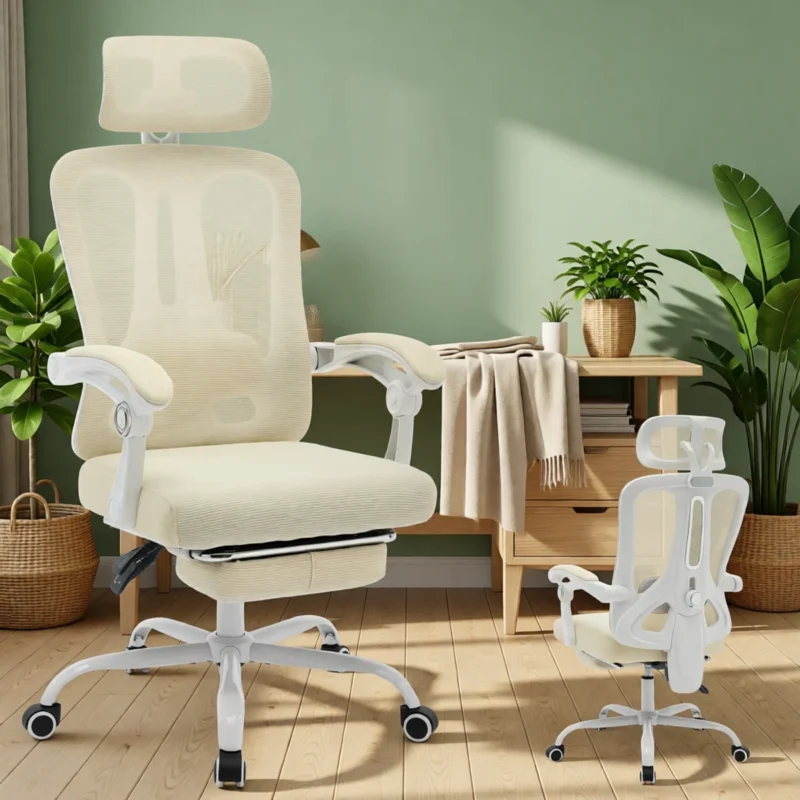 Chaise de bureau en résille inclinable 140° avec repose-pieds – Beige