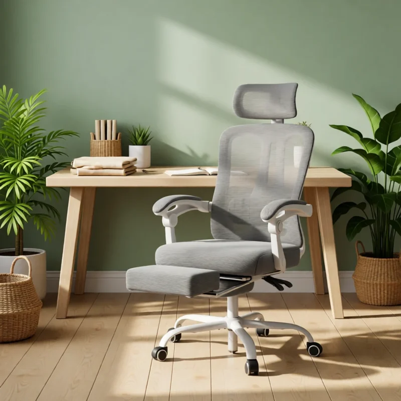 Chaise de bureau en résille inclinable 140° avec repose-pieds – Gris