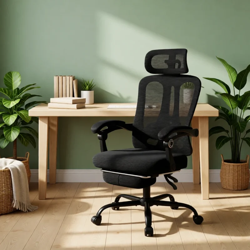 Chaise de bureau en résille inclinable 140° avec repose-pieds – Noir