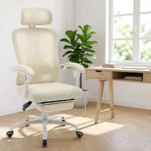 Chaise de bureau ergonomique en résille avec repose-pieds – Beige