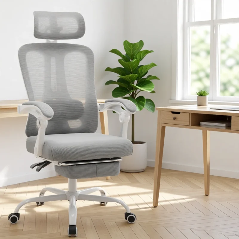 Chaise de bureau ergonomique en résille avec repose-pieds – Gris