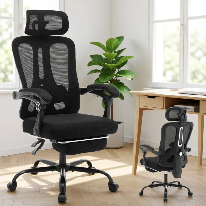 Chaise de bureau ergonomique en résille avec repose-pieds – Noir