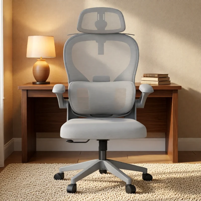 Chaise de bureau ergonomique en résille avec appui-tête – Gris Chaise de bureau ergonomique en résille avec appui-tête – Gris