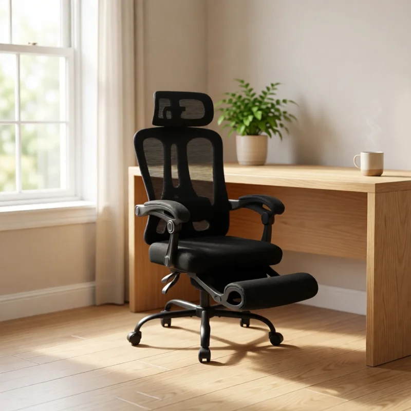 Chaise de bureau en résille inclinable 140° avec repose-pieds sur un bureau