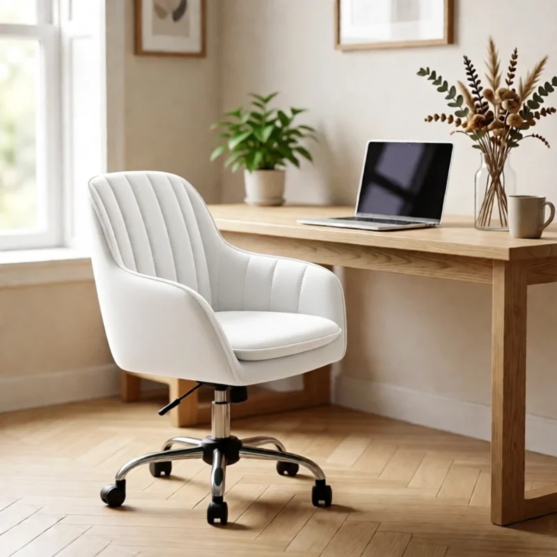 Chaise de bureau en velours à accoudoirs, réglable en hauteur – Blanc Chaise de bureau en velours à accoudoirs, réglable en hauteur – Blanc