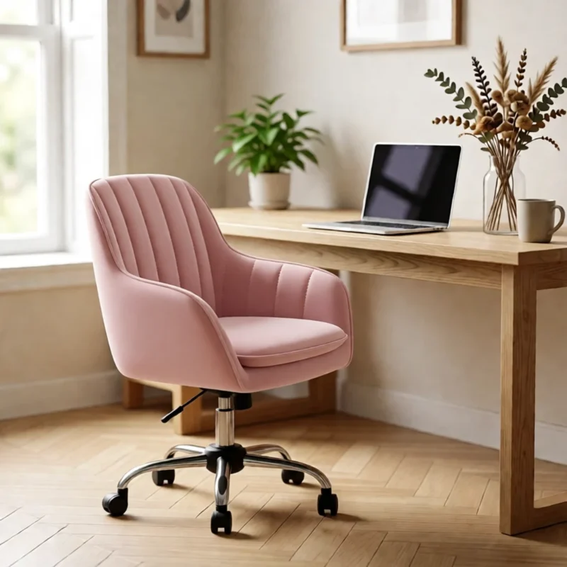 Chaise de bureau en velours à accoudoirs, réglable en hauteur – Rose Chaise de bureau en velours à accoudoirs, réglable en hauteur – Rose