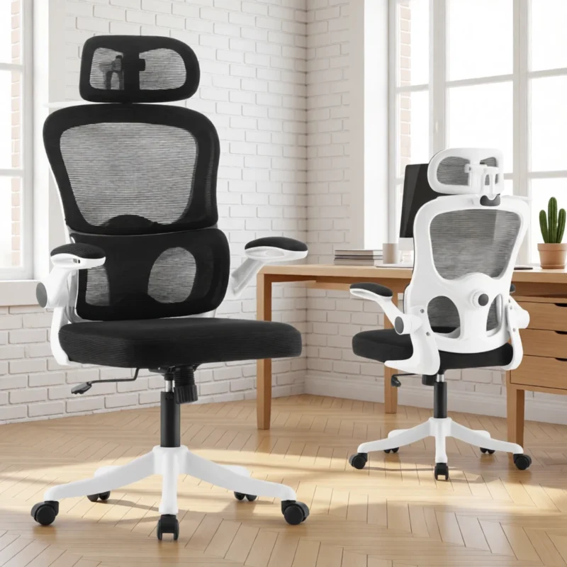 Chaise de direction ergonomique, appui-tête 3D et cintre – Blanc Chaise de direction ergonomique, appui-tête 3D et cintre – Blanc