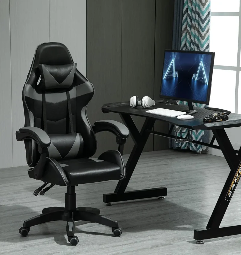 Chaise gaming à bascule en simili cuir – 4 coloris – Gris Chaise gaming à bascule en simili cuir – 4 coloris – Gris