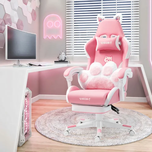 Chaise gaming kawaii oreilles de chat et coussin patte – vue 6