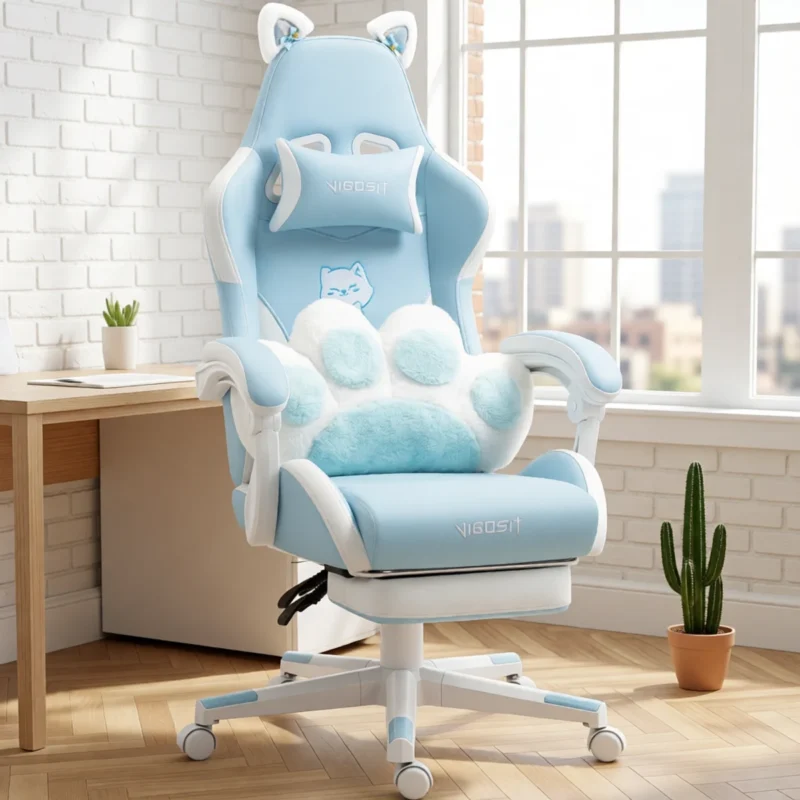 Chaise gaming kawaii oreilles de chat et coussin patte – Bleu Chaise gaming kawaii oreilles de chat et coussin patte – Bleu