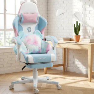 Chaise gaming kawaii oreilles de chat et coussin patte – Bleu et rose Chaise gaming kawaii oreilles de chat et coussin patte – Bleu et rose