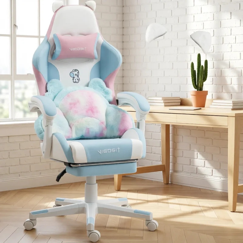 Chaise gaming kawaii oreilles de chat et coussin patte – Bleu et rose Chaise gaming kawaii oreilles de chat et coussin patte – Bleu et rose