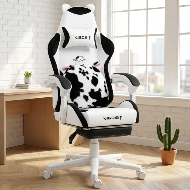 Chaise gaming kawaii oreilles de chat et coussin patte – Noir et blanc Chaise gaming kawaii oreilles de chat et coussin patte – Noir et blanc