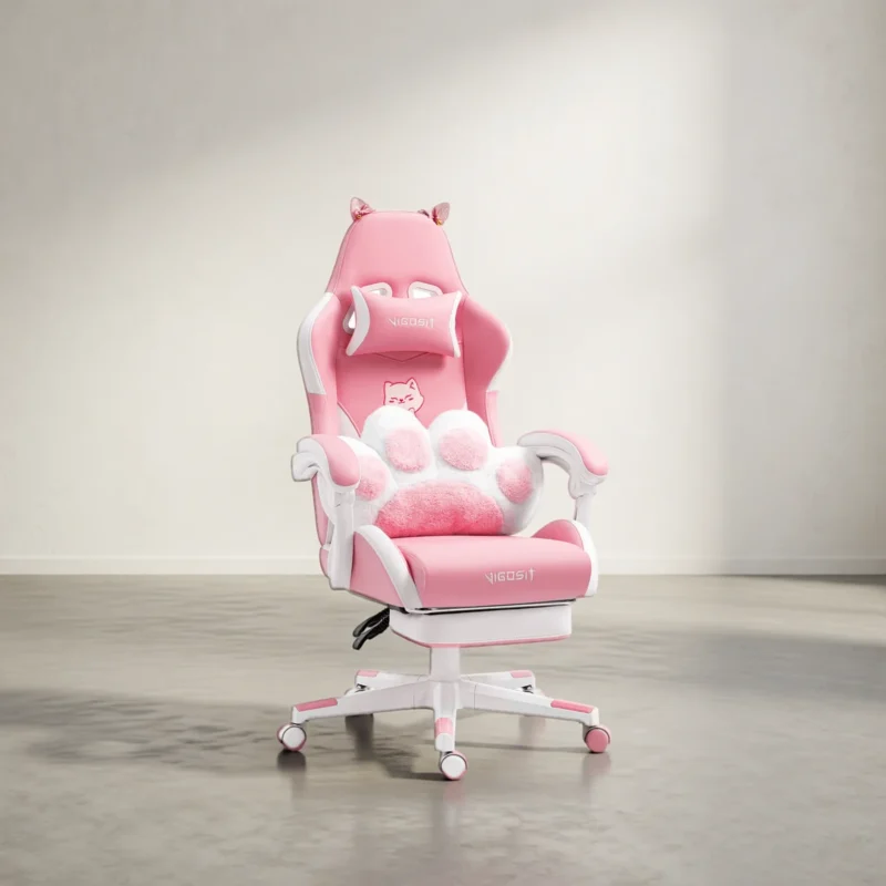 Chaise gaming kawaii oreilles de chat et coussin patte Chaise gaming kawaii oreilles de chat et coussin patte