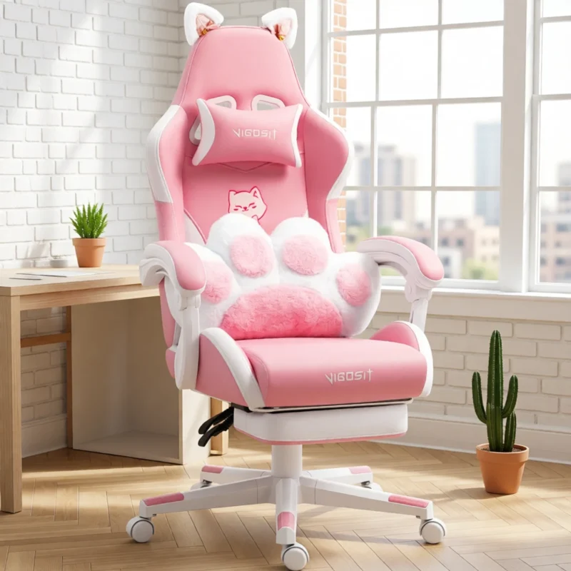 Chaise gaming kawaii oreilles de chat et coussin patte – Rose Chaise gaming kawaii oreilles de chat et coussin patte – Rose